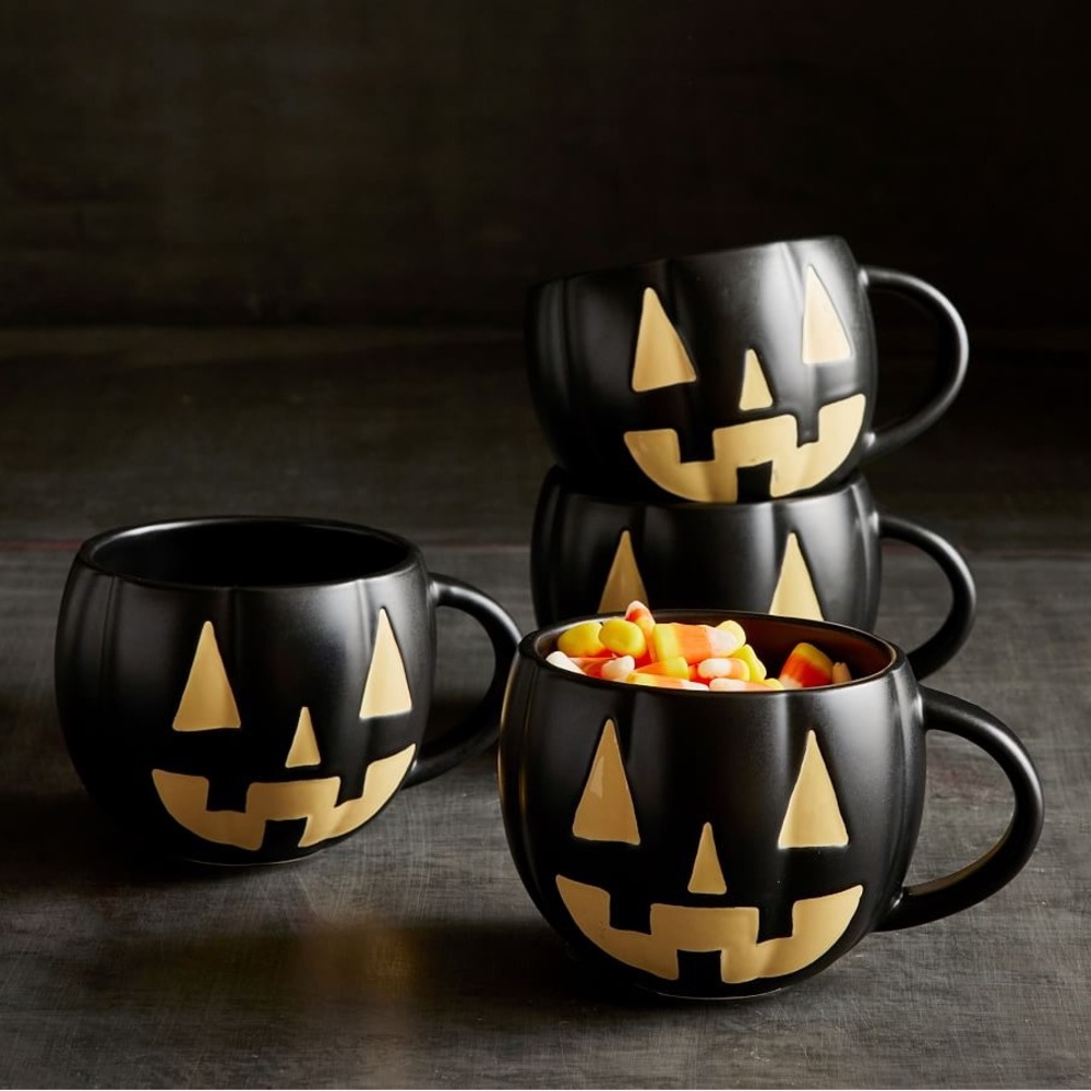 Pottery Barn Black Jack O'Lantern Pumpkin Stoneware Mugs - Set of 4 🎃